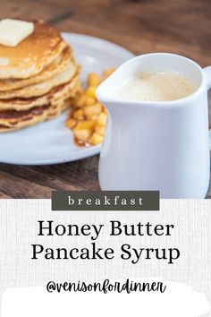 pancakes with butter and syrup are on a white plate next to a cup of coffee