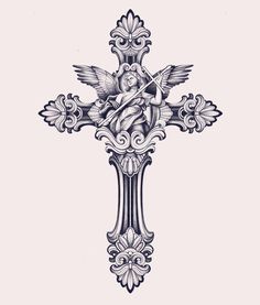 a cross with an angel on it and ornate designs around the cross, in black and white