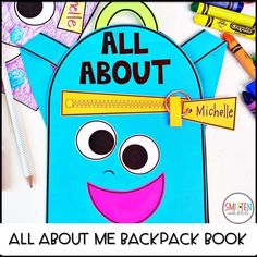 an all about me backpack book with markers and crayons