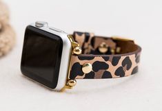 "Leather Leopard Pattern Womens Slim Band for Apple Watch 1-6 Leather is full grain (best) leather. Our leathers are premium quality full grain leather and tested by international firms. Size: Medium (fits 150-190mm (5.9\"-7.4\") wrists.) Color of buckle will be same of adapter color. For silver, gold and rose gold adapters, bead color will be same of adapter color. For black and space gray adapters, bead color will be silver. Rivet color on the band is gold. We have also silver color rivets. Fo Gold Leather Apple Watch Band With Bracelet Strap, Gold Leather Strap Apple Watch Band, Gold Leather Apple Watch Band, Apple Watch Cuff, Brown Apple, Apple Watch Bands Sports, Apple Watch 1, Best Leather, Cuff Watch