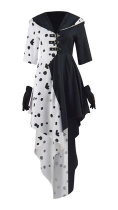 a black and white dress with polka dots on the bottom, asymmetrically designed