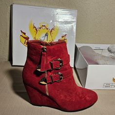 West Blvd Shoes - Amman Wedge Bootie Red Suede Size 7 Nib 3.25” Heel. Red Round Toe Casual Wedge Boots, Red Casual Wedge Boots With Round Toe, Casual Red Wedge Boots With Round Toe, Red Casual Round Toe Wedge Boots, Wedge Bootie, Punk Girl, Amman, Girl Shoes, Red Suede