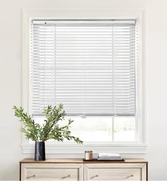 a window with white blinds and a plant on top of the dresser in front of it