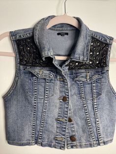 Denim vest Girls M Pre Owned As Is Ask Questions Before You Buy￼. Fitted Distressed Sleeveless Vest, Stiles Lacrosse, Bedazzled Denim, Patch Vest, Girl M, Jean Vest, Ask Questions, Lacrosse, Denim Vest