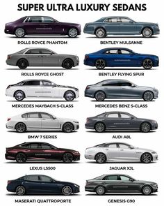 the different types of luxury cars are shown in this poster, which shows them all different colors