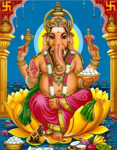 the god ganesha is sitting on top of a lotus with his hands up in front of him