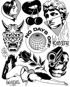 black and white drawing of people with different tattoos on their faces, including the words