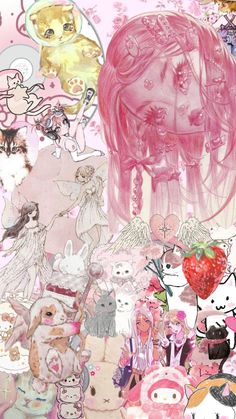 a collage of many different types of animals and people with pink hair, on a pink background