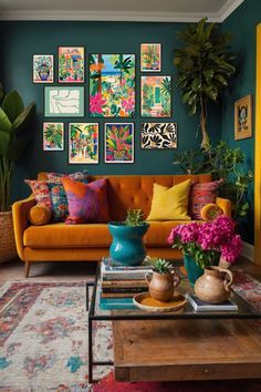 a living room filled with lots of colorful furniture