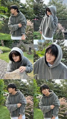 four different pictures of a person wearing a hoodie and holding his hands on his chest