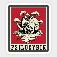 a red poster with mushrooms and the words psilocybin in black on it