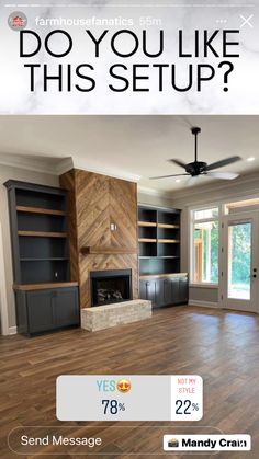 an empty living room with wood flooring and built in bookshelves, which reads do you like this setup?