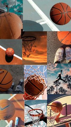 many different pictures of basketballs and shoes