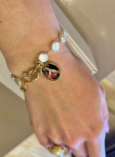 SAINT THERESE BRACELET WITH FLATTENED PEARLS GOLD PLATED Saint Therese, St Therese, Earring Necklace, Ring Necklace, Link Bracelets, Women Empowerment, Gold Plate, Handmade Jewelry, Plating