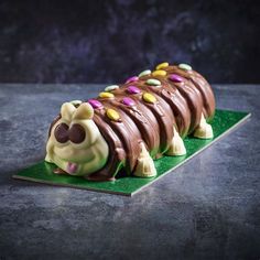 a cake shaped like a caterpillar with chocolate icing and sprinkles