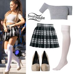 Ariana Grande performed at DiverCity Plaza in Tokyo today in a schoolgirl inspired outfit. She wore a Cotton Spandex Off-Shoulder Top ($30.00) in Athletic Grey and a pair of Opaque Over-the-Knee Socks ($13.00), both from American Apparel with an Alice + Olivia Fizer Box-Pleated Plaid Skirt (sold out) and her Saint Laurent Classic Tribute Two 105 Pumps ($683.74). You can get the look with a River Island Skirt ($40.00) and Chinese Laundry Pumps ($36.97). Ariana Outfits, Ariana Grande Outfits, Steal Her Style, Ariana Grande Cute, Ariana Grande Style, Mode Chanel, Chique Outfits, Plaid Outfits, Style Steal