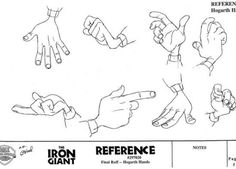 the iron giant hand reference sheet is shown in black and white, with instructions for how to