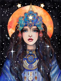 a painting of a woman with long hair wearing a blue dress and an orange moon in the background