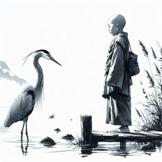 a black and white photo of a man standing next to a bird on the water