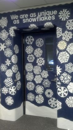 an open door with snowflakes on it and the words we are as unique as snowflakes