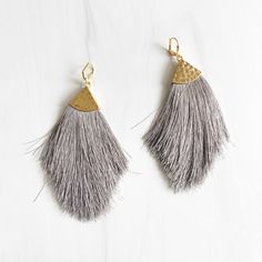 The tassels are silk threads and measure 96x57mm. The earrings are about 3.5" long on gold plated brass. Find more fringe earrings here Big Statement Earrings, Gem Jewelry, Earrings Big, Earrings In Gold, Teardrop Necklace, Big Earrings, Tassel Fringe, Large Earrings, Earrings Boho