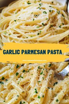 garlic parmesan pasta in a bowl with a fork