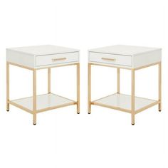 two white side tables with gold trimmings on each end and one drawer at the top