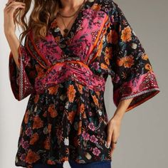 Nwt Suzanne Betro Surplice Tunic! This Beautiful Blouse Is From Her Weekend Collection. The Vibrant Colors Are Eye Catching And The Different Colors Allow You To Create Multiple Outfits With This One Shirt! It Has Never Been Worn And Has Tags Attached. Shell Is 100% Rayon. Multicolor Floral Print Top With Kimono Sleeves, Black Kimono Sleeves Top For Spring, Bohemian Black Top With 3/4 Sleeves, Pink 3/4 Sleeve Blouse For Brunch, Pink Blouse With 3/4 Sleeves For Brunch, Black Floral Print Top With 3/4 Sleeves, Casual Black Tops With Kimono Sleeves, Black Bohemian Blouse With 3/4 Sleeves, Fall Vacation Pink Blouse