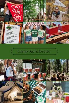 a collage of photos with the words camp bachelor written on them and pictures of people standing in front of tents