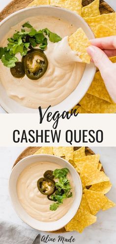 a bowl of vegan cashew queso with tortilla chips