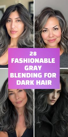 Fall Hair Color For Greying Brunettes, Dark Hair Grey Transition, Gray Hair With Low Lights Dark Brown, Dark Hair With Highlights To Hide Gray, Dark Hair With Gray Roots, Transitioning To Gray Hair From Black, Dark Gray Highlights On Dark Hair, Dyed Gray Hair Silver, Best Hair Color To Cover Grays