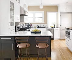 a kitchen with two stools next to an island