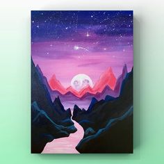 an acrylic painting of mountains and a river at night with the moon in the sky