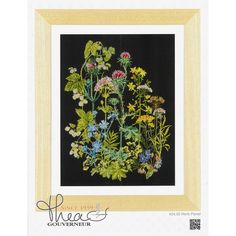 a cross stitch pattern of wildflowers and other flowers in a gold frame on a black background