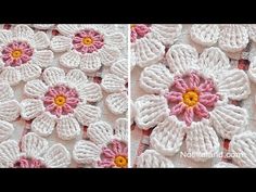 crocheted flowers on a tablecloth with white and pink petals in the center