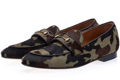 PRINTED CALFHAIR SLIPPERS WITH METAL HORSEBITS Moccasins, Antique Gold, Piping, Camouflage, Calf Skin, Slippers, Loafers