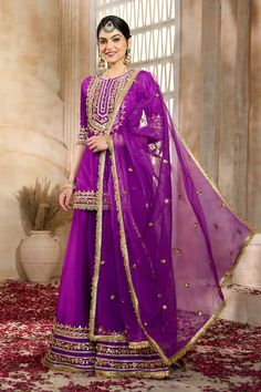 Purple short kurta with floral pattern gota embroidery. Comes with matching sharara and dupatta. - Aza Fashions Gota Embroidery, Kurta And Sharara, Kurta Sharara Set, Kurta Sharara, Short Kurta, Sharara Set, Purple Shorts, Set For Women, Aza Fashion