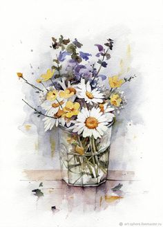 a watercolor painting of daisies and other flowers in a glass vase on a table