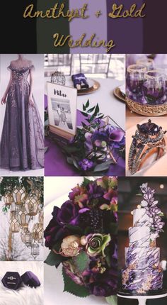 purple and gold wedding color palettes with text that reads, amethyst & gold wedding