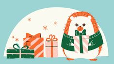 an illustration of a hedge holding a wrapped present box with presents in front of it