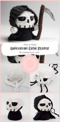 crocheted amigurum grim keeper is shown in four different pictures and the text reads how to make