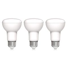 three white light bulbs are lined up in a row, one is turned on and the other is off