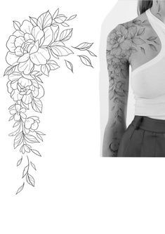 a black and white photo of a woman with tattoos on her arm, next to a drawing of a flower