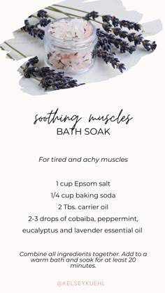 Diy Bath Salts With Essential Oils Recipes, Relaxing Bath Salts Diy Essential Oils, Essential Oil Epsom Salt Bath Recipes, Essential Oils For Bath Soak, Epsom Salt Bath Recipe, Sore Muscles Bath Soak, Diy Bath Salts With Essential Oils, Lavender Epsom Salt Bath Diy, Bath Salts Diy Recipes