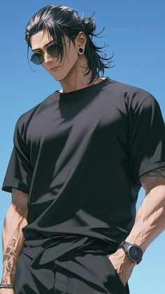 a man with black hair and sunglasses standing in front of a blue sky holding his hands on his hips