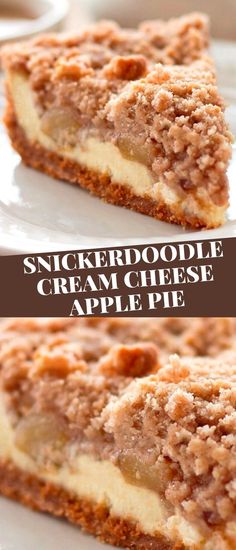 a slice of cheesecake on a plate with the words, snickkerdoodle cream cheese apple pie