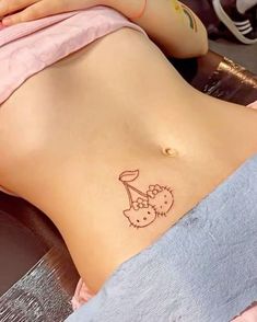 tattoo art Hello Kitty Cherries Tattoo, 2000s Y2k Tattoos, Back Off Neck Tattoo, Small Tattoos Hello Kitty, Hello Kitty Back Tattoo, Hello Kitty Small Tattoo, Hello Kitty Hip Tattoo, Love Core Tattoo, Hello Kitty Cherry Tattoo