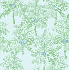 a blue and green wallpaper with palm trees in the foreground, against a light blue background