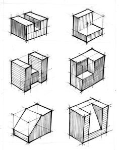 some drawings of different types of structures in the shape of boxes and cubes, all drawn by hand