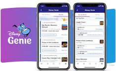 two iphones with disney's genie on the screen and an image of mickey mouse